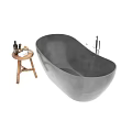Modern Grey Stone Freestanding Bathtub With Wooden Side Stool And Toiletries