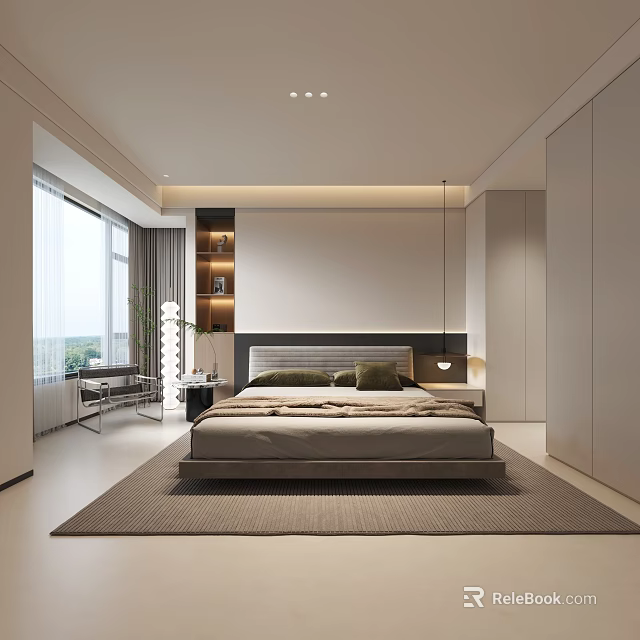 Modern Bedroom Interior Design With Large Bed Floor to Ceiling Window Rug and Wardrobe 3d model 