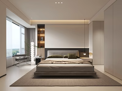 Modern Bedroom Interior Design With Large Bed Floor to Ceiling Window Rug and Wardrobe 3d model