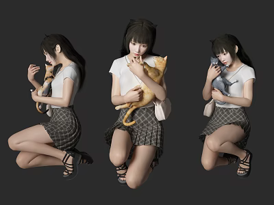Woman in White Top and Plaid Skirt Kneeling with Different Colored Cats 3d model