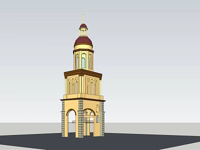 Multi Level Classical Tower With Red Dome And Golden Exterior Arched Doorway 3d model