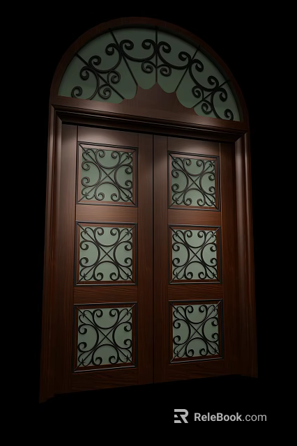 Elegant Wooden Double Doors With Decorative Glass Panels And Intricate Patterns 3d model 