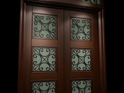 Elegant Wooden Double Doors With Decorative Glass Panels And Intricate Patterns 3d model