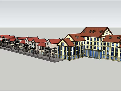 Traditional Commercial Street With Red Roof Buildings And Tree Lined Path 3d model