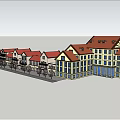 Traditional Commercial Street With Red Roof Buildings And Tree Lined Path