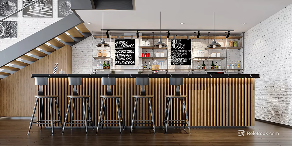 Modern Cozy Bubble Tea Shop Interior With Wooden Bar Counter High Stools And Chalkboard Menus 3d model 