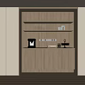Modern Wooden Sideboard With Open Shelves LED Lighting Coffee Machine And Wine Glasses