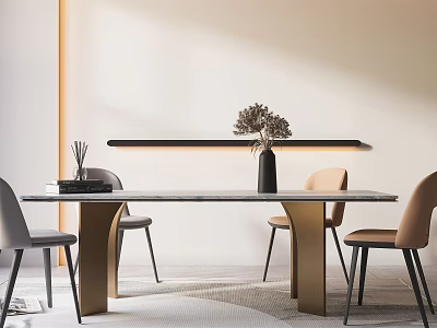 Modern Dining Table Set With Marble Top Gray Beige Chairs Linear Light And Vase Flowers 3d model