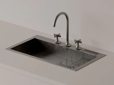 Stainless Steel Kitchen Faucet With Double Handles And Sink On White Countertop 3d model