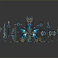 Ornate 3D Rendered Weapons in Blue and Gold with Swords Staves Axes and Various Designs