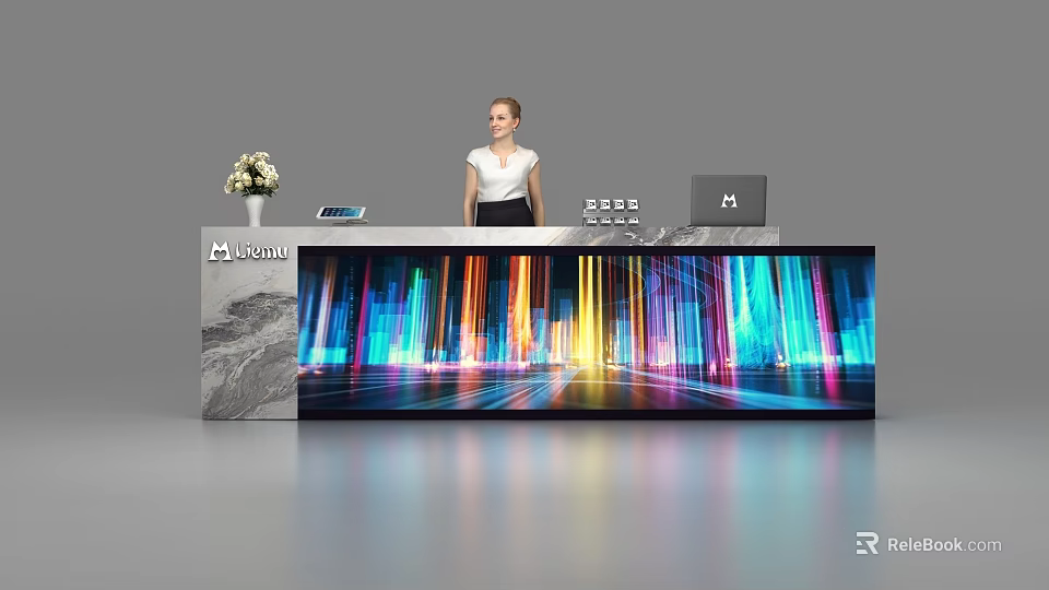 Modern Reception Desk With Digital Display Colorful Urban Light Patterns Marble Countertop And Receptionist 3d model 