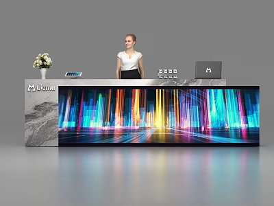 Modern Reception Desk With Digital Display Colorful Urban Light Patterns Marble Countertop And Receptionist 3d model