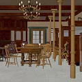 Classic Restaurant Interior With Wooden Furniture Chandelier Dining Tables Chairs Bar Counter And Windows