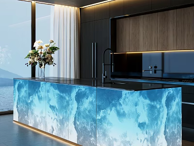 Modern Bar Area Interior With Blue Marble Countertop And Ambient Lighting Design 3d model
