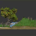 Blue Car Parked On Country Road With Green Grass Tree And Wooden Fence