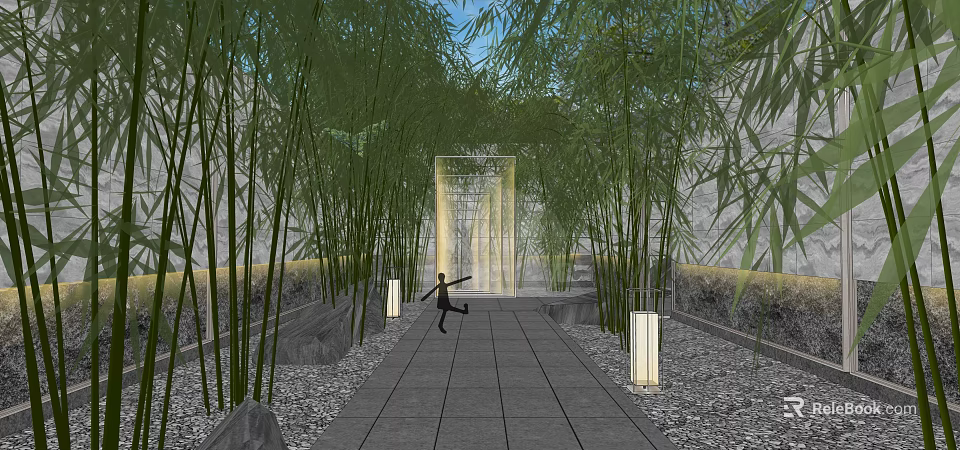 Garden Landscape With Stone Path Bamboo Plants Arched Gateway And Lighting Lanterns 3d model 