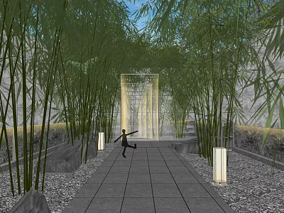 Garden Landscape With Stone Path Bamboo Plants Arched Gateway And Lighting Lanterns 3d model