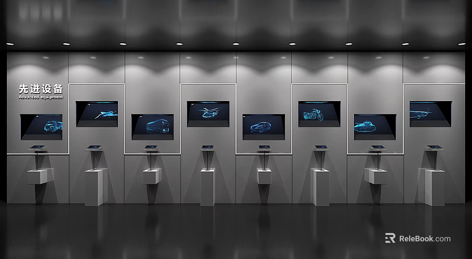 Modern Tech Showroom Featuring Multiple Screens Embedded In Walls With White Display Pedestals 3d model 