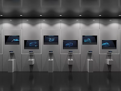 Modern Tech Showroom Featuring Multiple Screens Embedded In Walls With White Display Pedestals 3d model