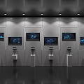 Modern Tech Showroom Featuring Multiple Screens Embedded In Walls With White Display Pedestals