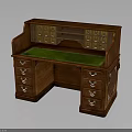 Antique Wooden Writing Desk With Green Leather Top And Multiple Drawers Compartments