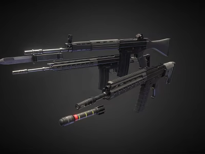 Tactical Military Weapons Display With Black Assault Rifles Rocket Launcher And Dark Background Design 3d model