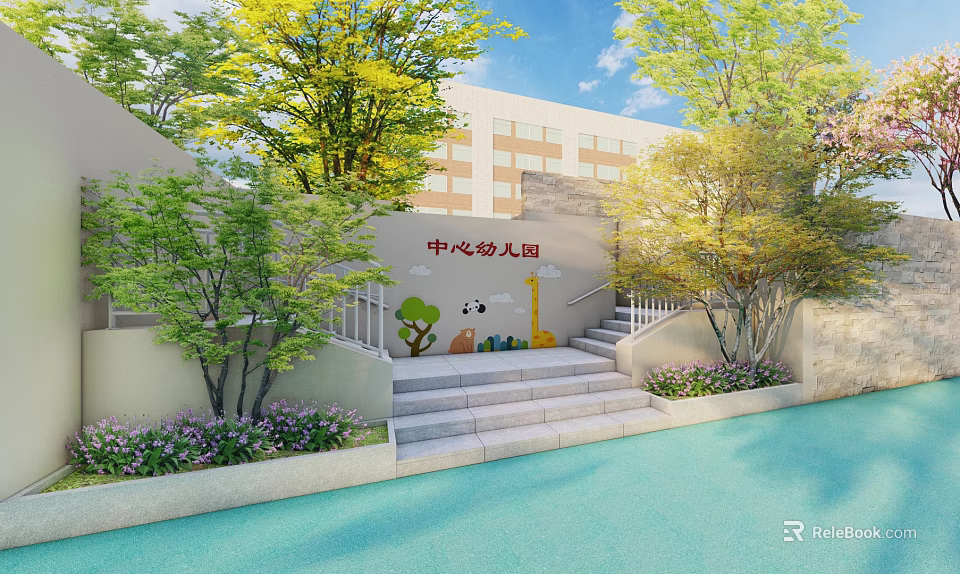 Kindergarten School Building Exterior With Steps Trees Flowers and Cartoon Decorations 3d model 