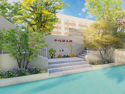 Kindergarten School Building Exterior With Steps Trees Flowers and Cartoon Decorations 3d model