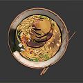 Delicious Ramen Bowl with Soft Boiled Egg Beef Slices Nori Mushrooms and Chopsticks