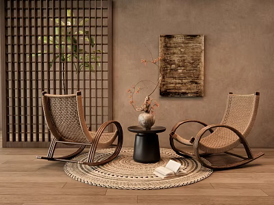 Cozy Wicker Rocking Chairs With Round Table And Woven Rug In Earth Toned Room 3d model