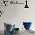 Modern Transparent Base Stools With Blue And White Padded Seats In Interior 3d model