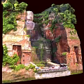Scenic Garden Landscape Featuring Giant Rock Carving And Dense Mountain Vegetation