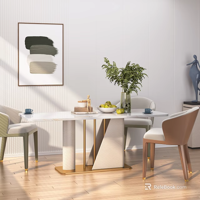 Modern Dining Table Set White Marble Top Gold Legs Upholstered Chairs Green Plant Fruit Bowl 3d model 