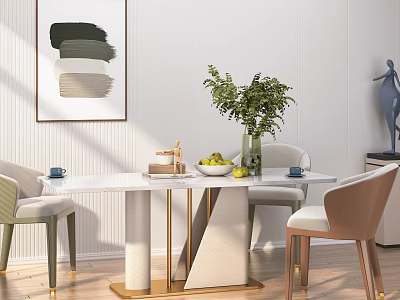 Modern Dining Table Set White Marble Top Gold Legs Upholstered Chairs Green Plant Fruit Bowl 3d model