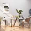 Modern Dining Table Set White Marble Top Gold Legs Upholstered Chairs Green Plant Fruit Bowl