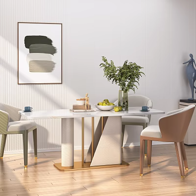 Modern Dining Table Set White Marble Top Gold Legs Upholstered Chairs Green Plant Fruit Bowl 3d model
