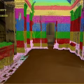 Cartoon Corridor Scene with Yellow Walls Red Carpet Columns and Green Exit Sign