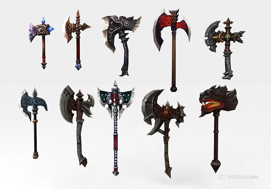 Collection Of Fantasy Axes With Diverse Mythical Designs And Decorative Details 3d model 