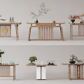 Chinese Style Wooden Console Tables with Potted Plants Tea Sets and Lattice Design Interior