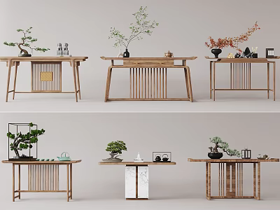 Chinese Style Wooden Console Tables with Potted Plants Tea Sets and Lattice Design Interior 3d model