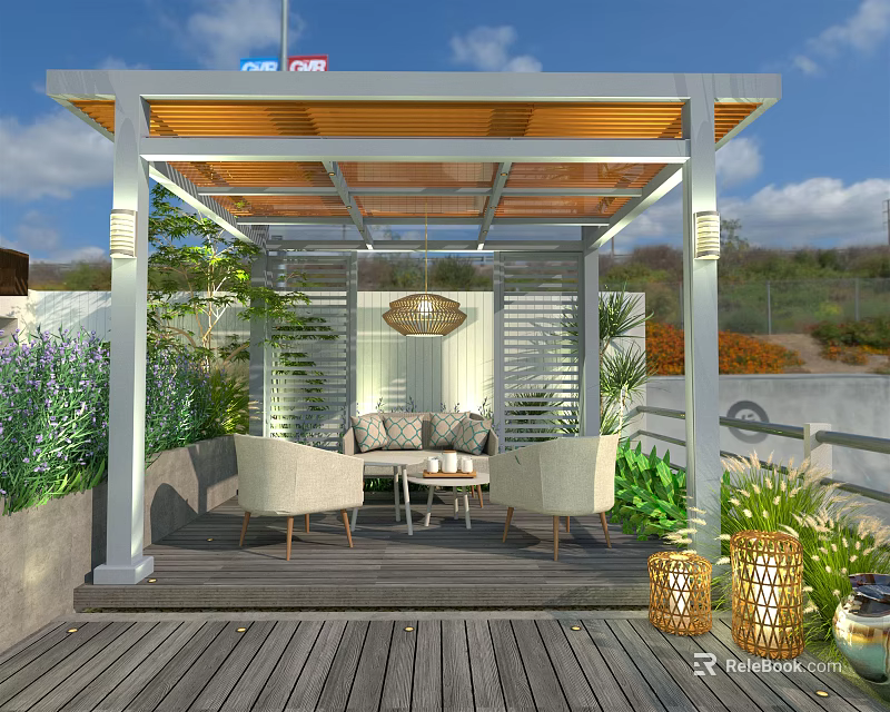 Cozy Outdoor Gazebo Relaxation Area With Wooden Flooring Sofa Chairs Coffee Table And Lanterns 3d model 