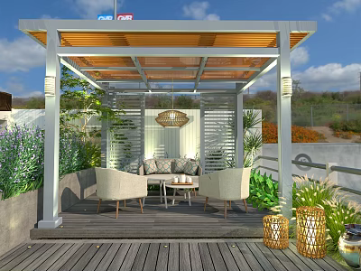 Cozy Outdoor Gazebo Relaxation Area With Wooden Flooring Sofa Chairs Coffee Table And Lanterns 3d model