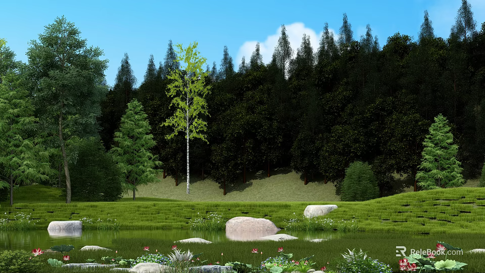Lush Garden Landscape With Green Grass Large Rocks And Tall Trees Under Blue Sky 3d model 