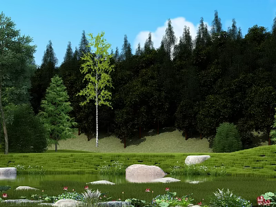 Lush Garden Landscape With Green Grass Large Rocks And Tall Trees Under Blue Sky 3d model