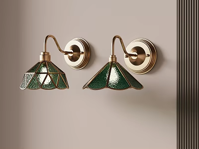 Wall Lamps with Green Glass Shades and Golden Bases Mounted on Light Colored Wall 3d model