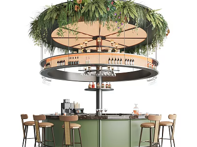 Modern Bar Interior Design With Circular Structure Green Plants Wine Racks And Bar Stools 3d model