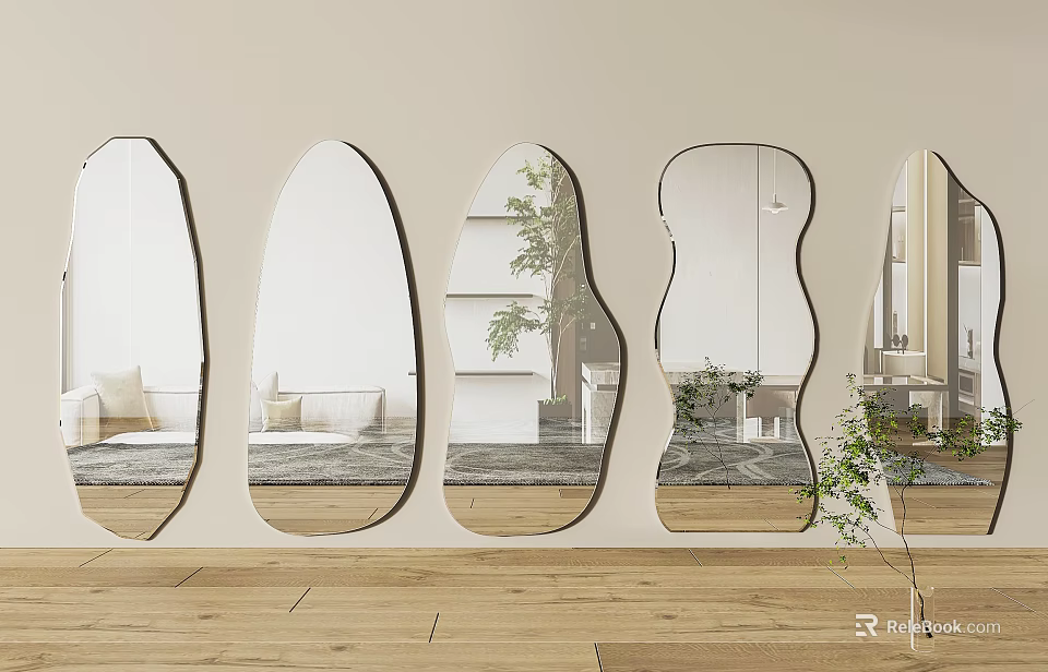 Irregular Shaped Wall Mirrors Reflecting Sofa Plants And Wooden Floor Interior 3d model 