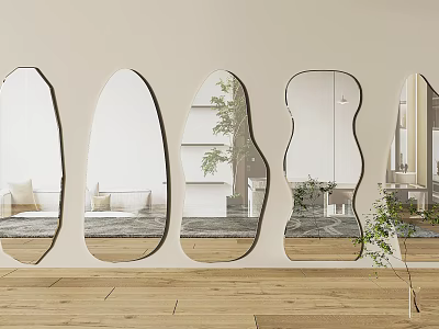 Irregular Shaped Wall Mirrors Reflecting Sofa Plants And Wooden Floor Interior 3d model