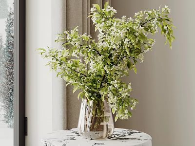 Fresh Green Branches With White Flowers In Transparent Vase On Table By Window 3d model