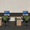 Modern Office Desk Workspace With Multiple Workstations Green Ergonomic Chairs And Computer Monitors 3d model